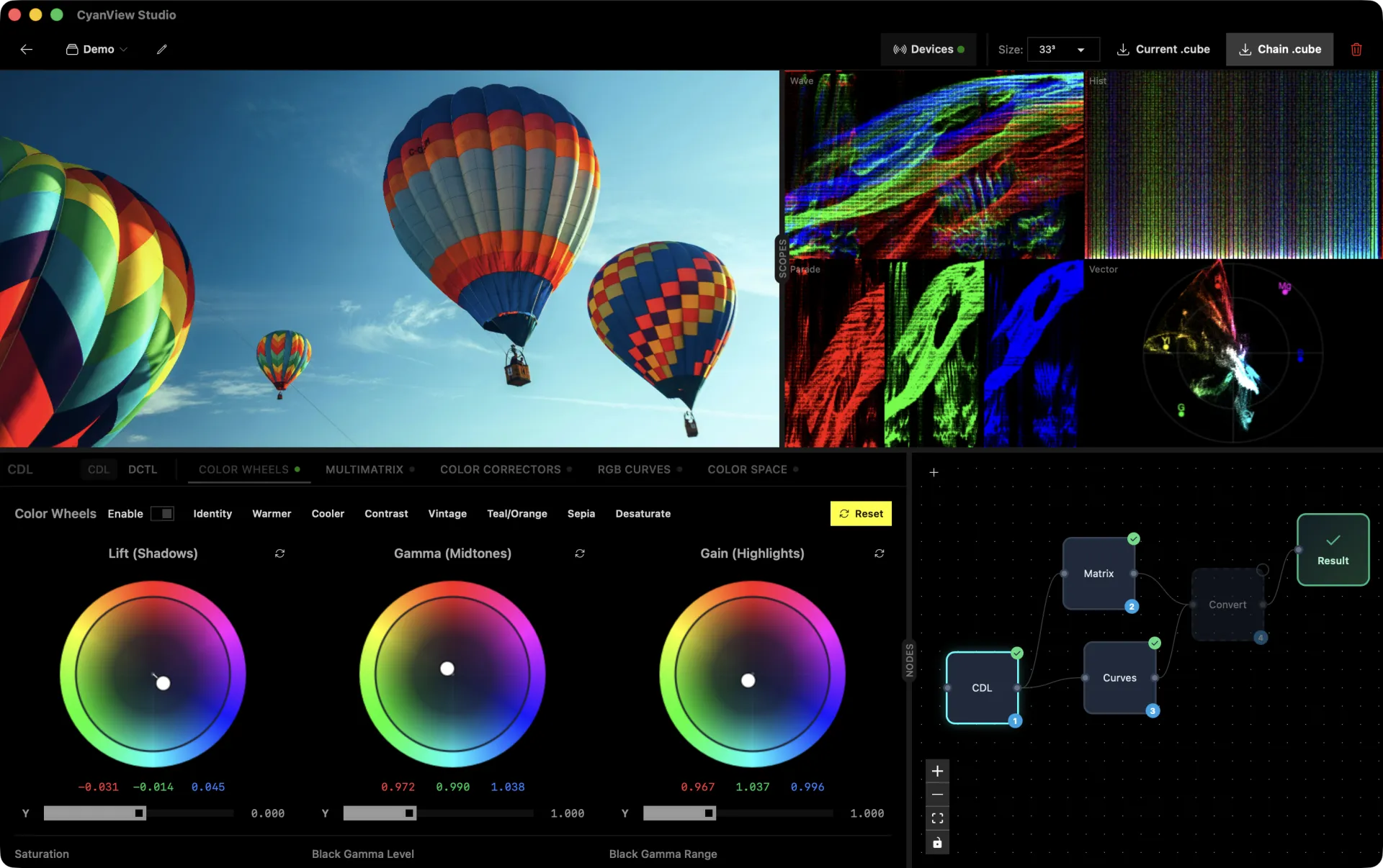 CyanView Studio Color shading interface with CDL wheels, node graph, waveform scopes and live preview